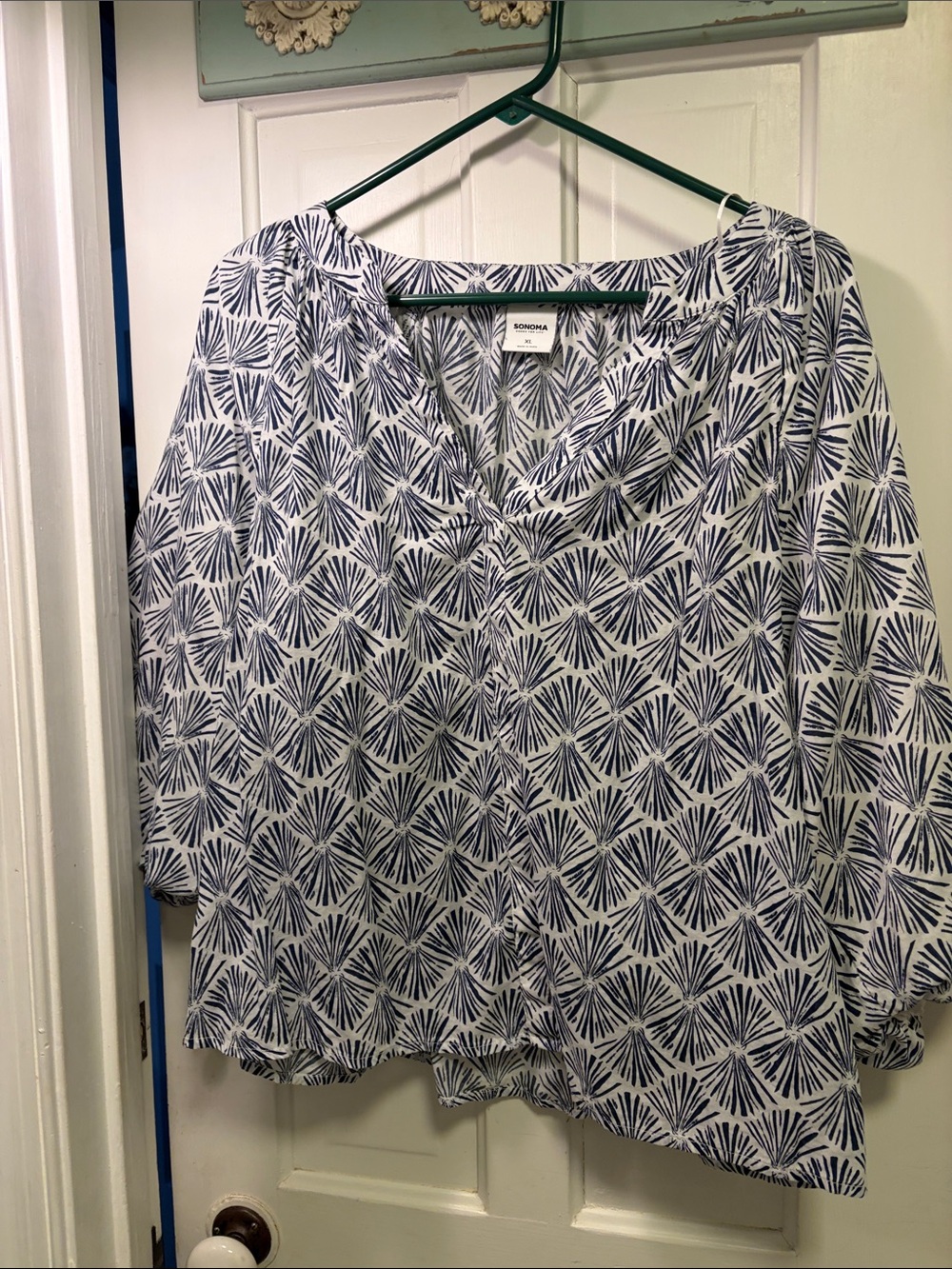 SONOMA Navy and White Printed V-Neck Blouse